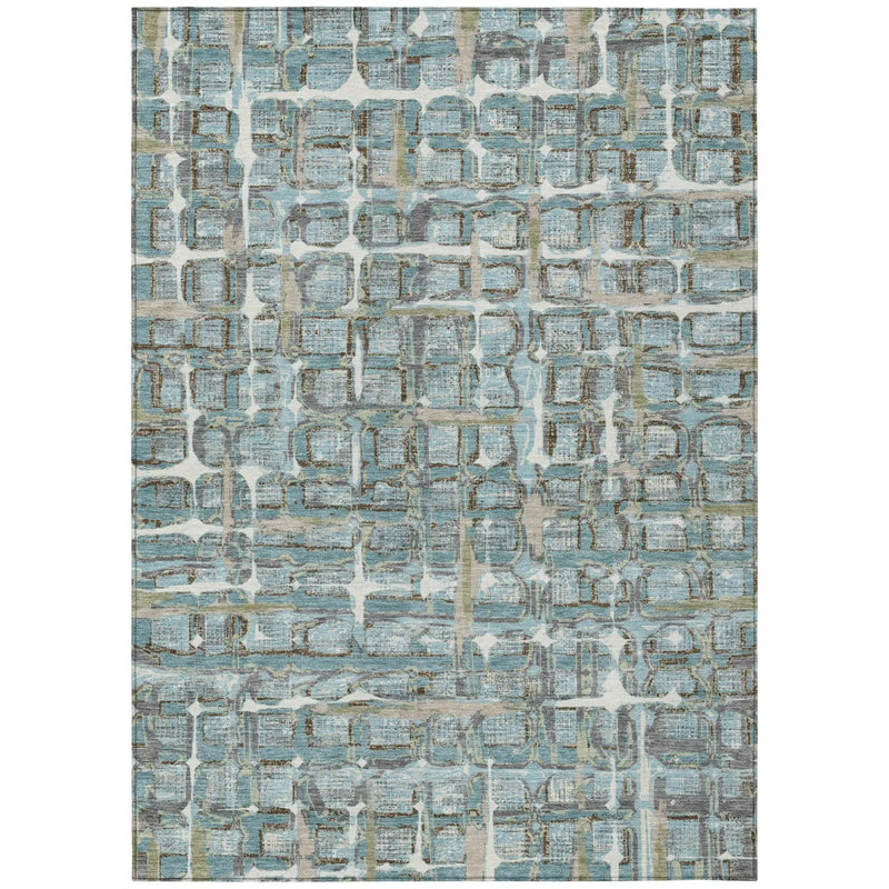 5' X 8' Teal Blue And Pewter Geometric Washable Indoor Outdoor Area Rug Homeroots Outdoor