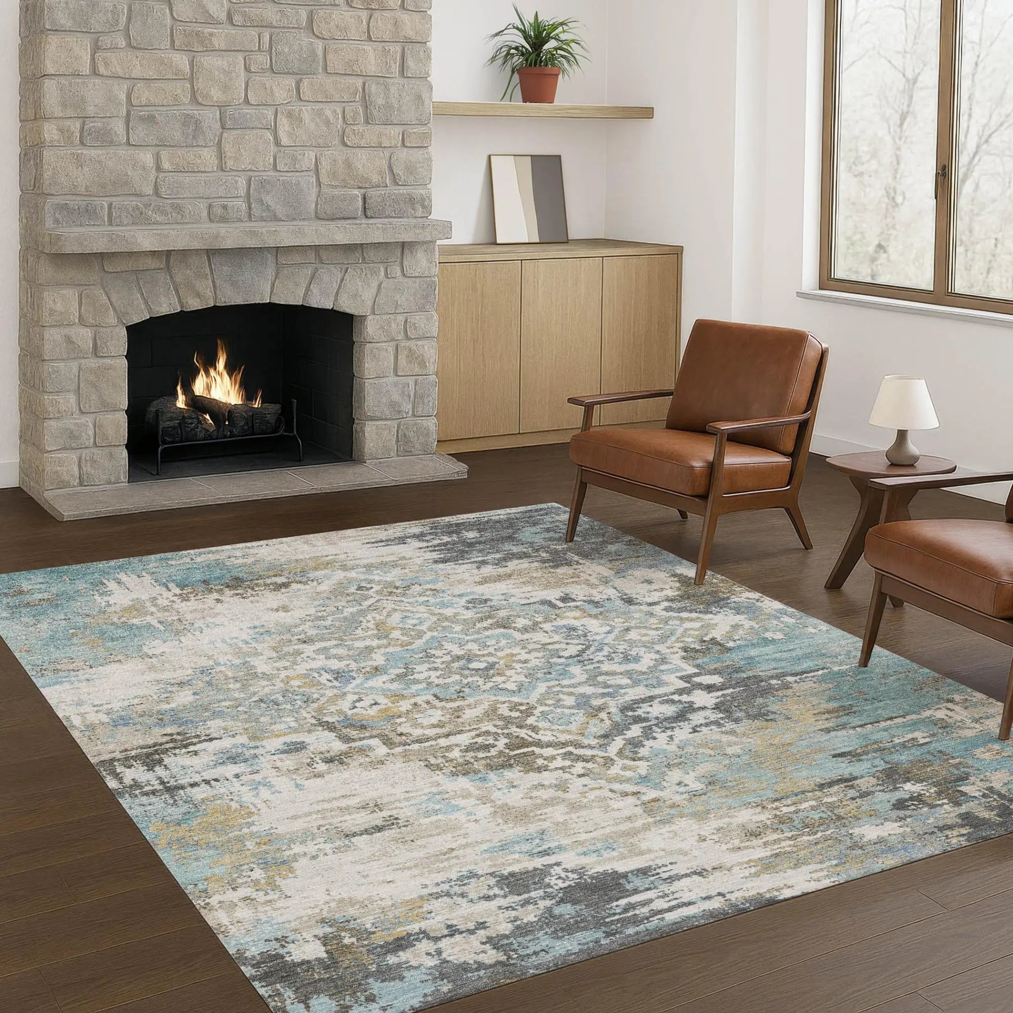 5' X 8' Teal Blue And Pewter Medallion Washable Indoor Outdoor Area Rug Homeroots Outdoor