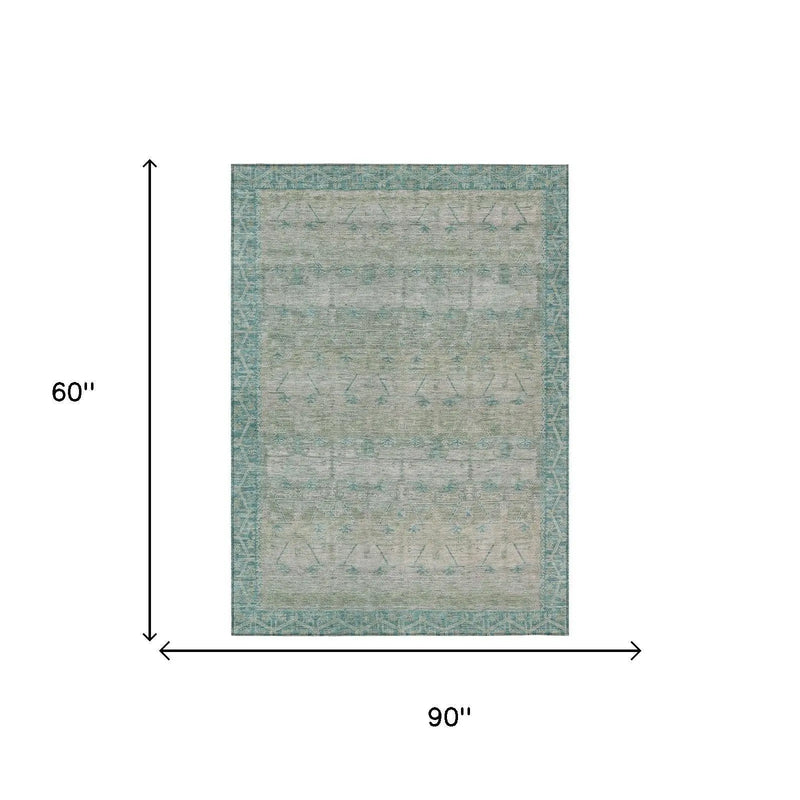 5' X 8' Teal Blue And Pewter Tribal Washable Indoor Outdoor Area Rug Homeroots Outdoor