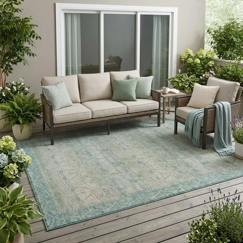 5' X 8' Teal Blue And Pewter Tribal Washable Indoor Outdoor Area Rug Homeroots Outdoor