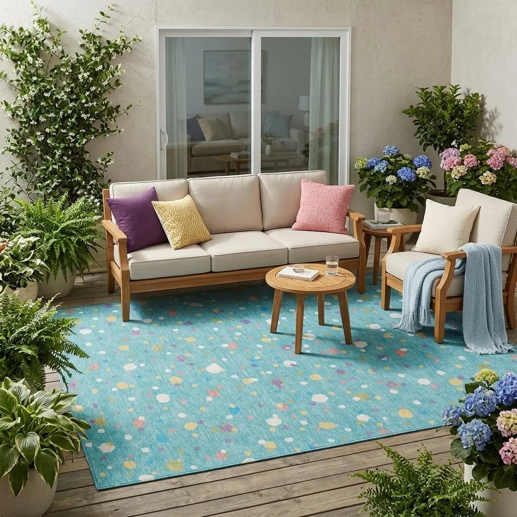 5' X 8' Teal Blue And Pink Geometric Washable Indoor Outdoor Area Rug Homeroots Outdoor