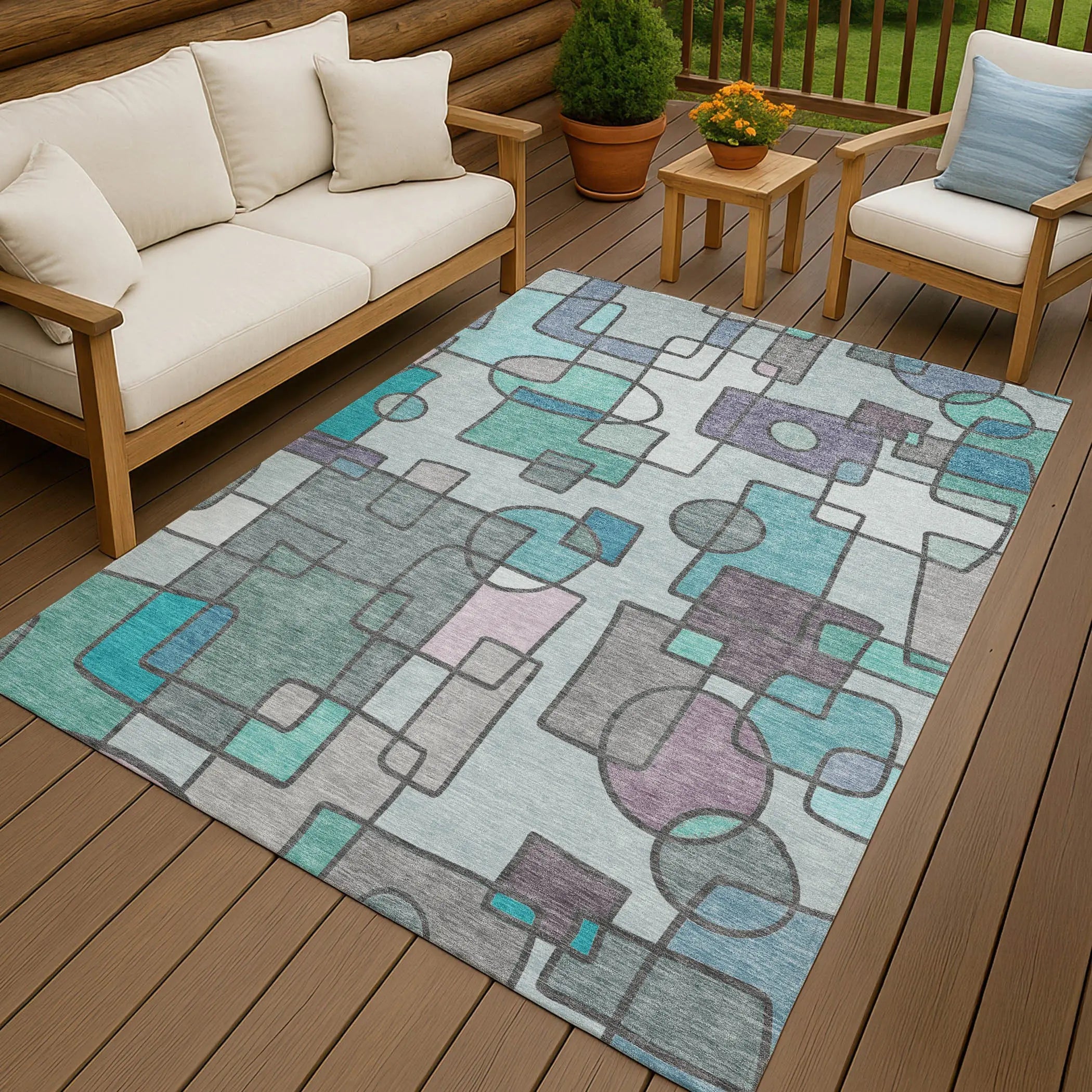 5' X 8' Teal Blue And Plum Geometric Washable Indoor Outdoor Area Rug Homeroots Outdoor