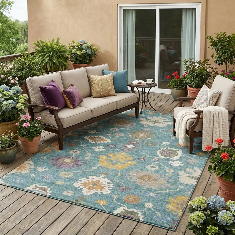5' X 8' Teal Blue And Sage Oriental Washable Indoor Outdoor Area Rug Homeroots Outdoor