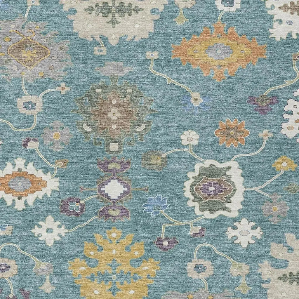 5' X 8' Teal Blue And Sage Oriental Washable Indoor Outdoor Area Rug Homeroots Outdoor