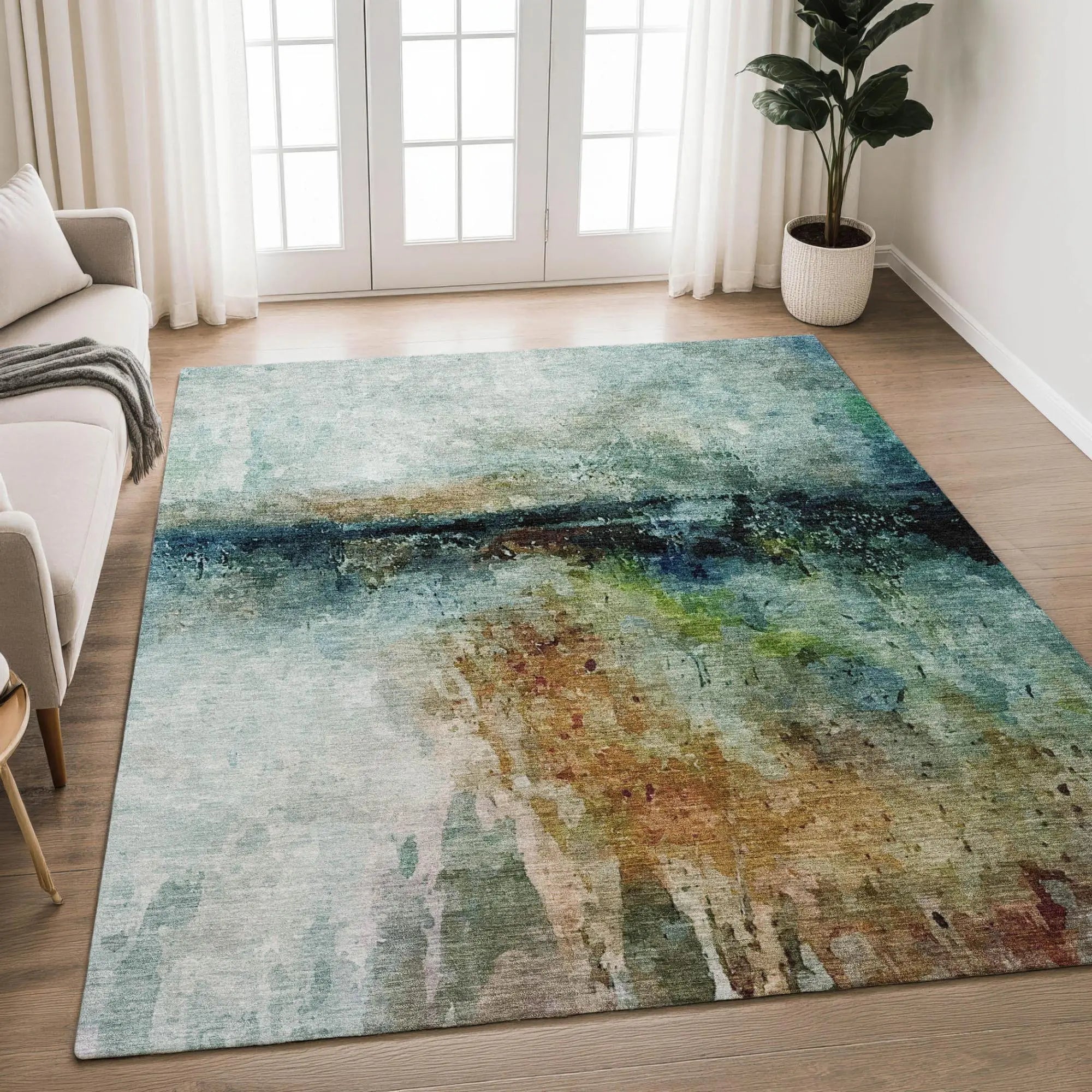 5' X 8' Teal Blue And Silver Abstract Washable Indoor Outdoor Area Rug Homeroots Outdoor