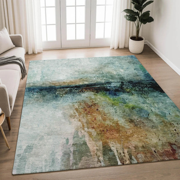 5' X 8' Teal Blue And Silver Abstract Washable Indoor Outdoor Area Rug Homeroots Outdoor