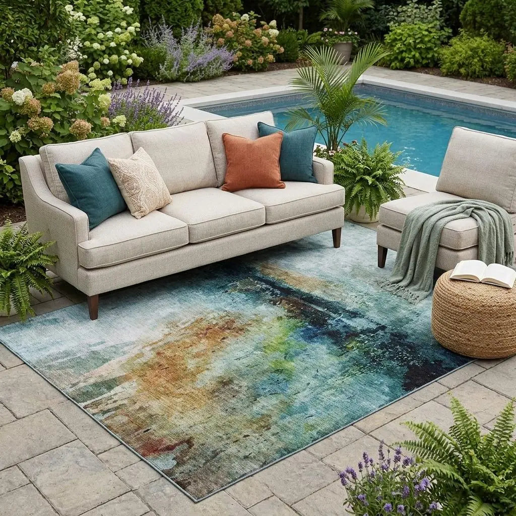 5' X 8' Teal Blue And Silver Abstract Washable Indoor Outdoor Area Rug Homeroots Outdoor