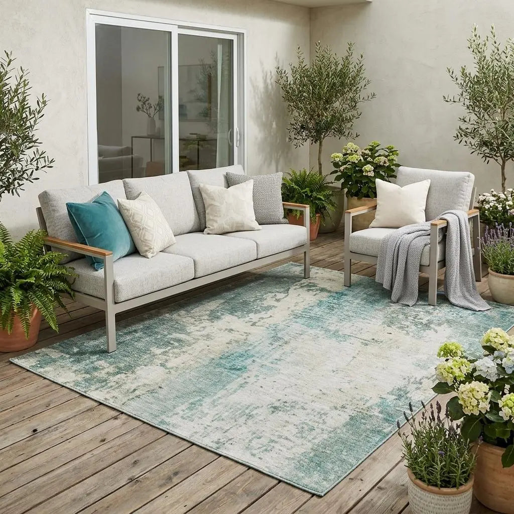 5' X 8' Teal Blue And Silver Abstract Washable Indoor Outdoor Area Rug Homeroots Outdoor