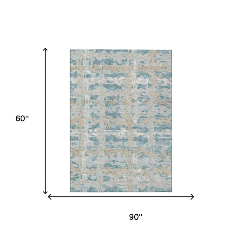 5' X 8' Teal Blue And Silver Abstract Washable Indoor Outdoor Area Rug Homeroots Outdoor