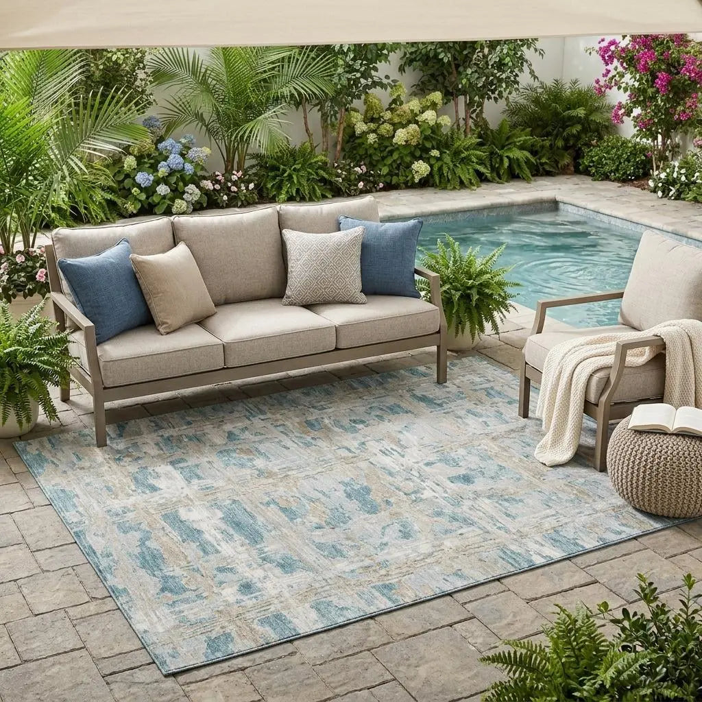 5' X 8' Teal Blue And Silver Abstract Washable Indoor Outdoor Area Rug Homeroots Outdoor