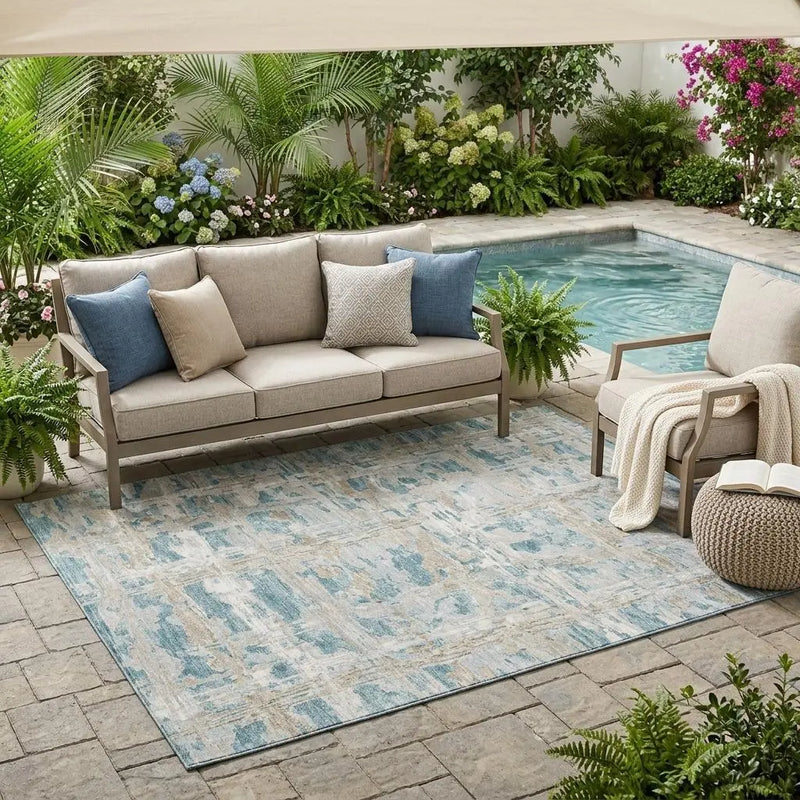 5' X 8' Teal Blue And Silver Abstract Washable Indoor Outdoor Area Rug Homeroots Outdoor