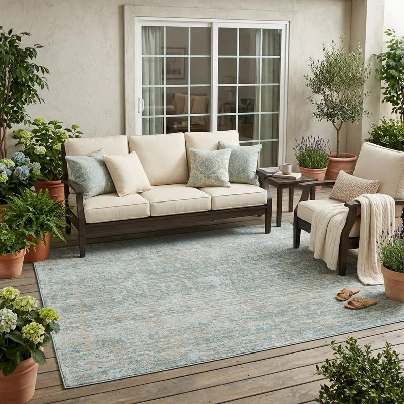 5' X 8' Teal Blue And Silver Abstract Washable Indoor Outdoor Area Rug Homeroots Outdoor