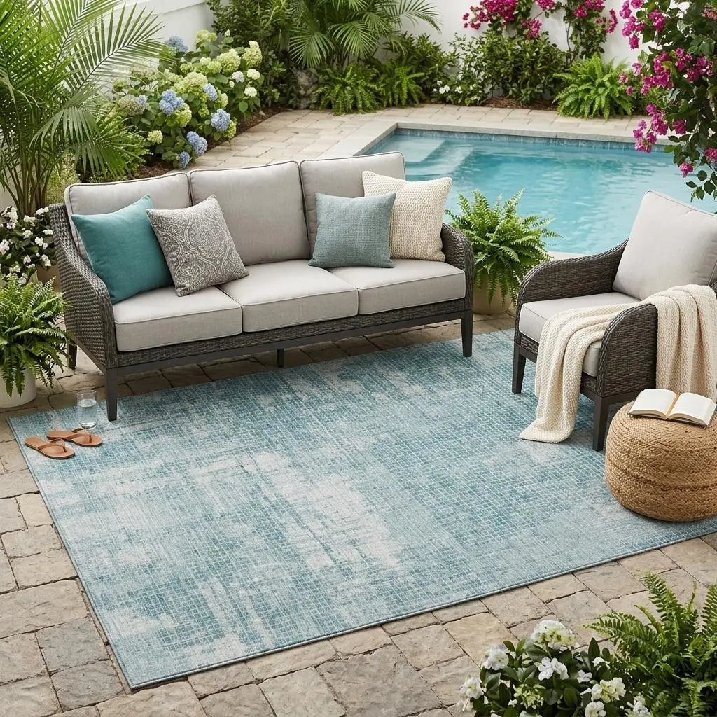 5' X 8' Teal Blue And Silver Abstract Washable Indoor Outdoor Area Rug Homeroots Outdoor
