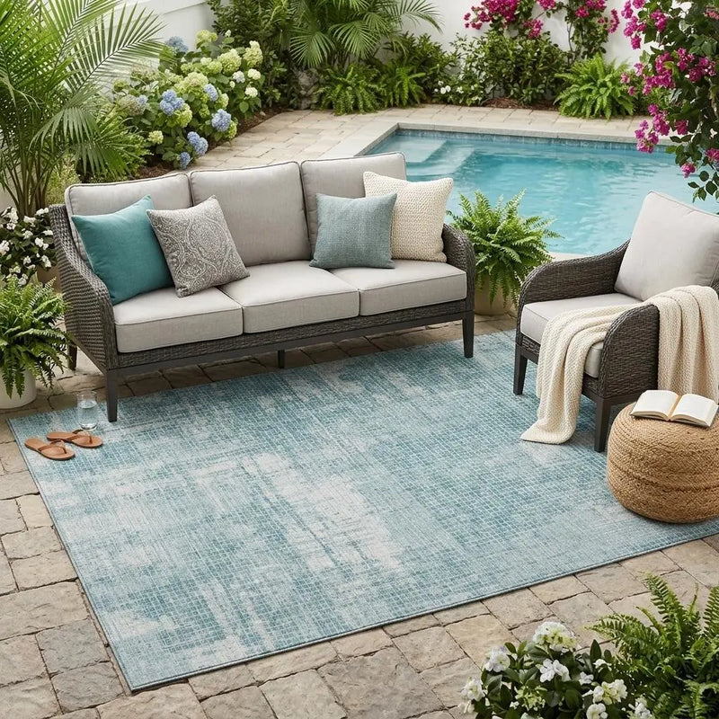 5' X 8' Teal Blue And Silver Abstract Washable Indoor Outdoor Area Rug Homeroots Outdoor