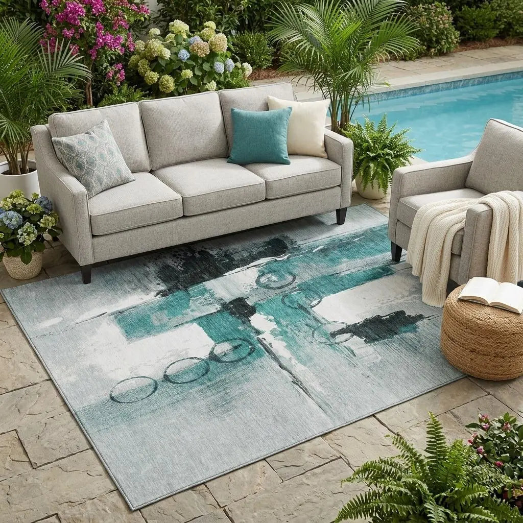 5' X 8' Teal Blue And Silver Abstract Washable Indoor Outdoor Area Rug Homeroots Outdoor