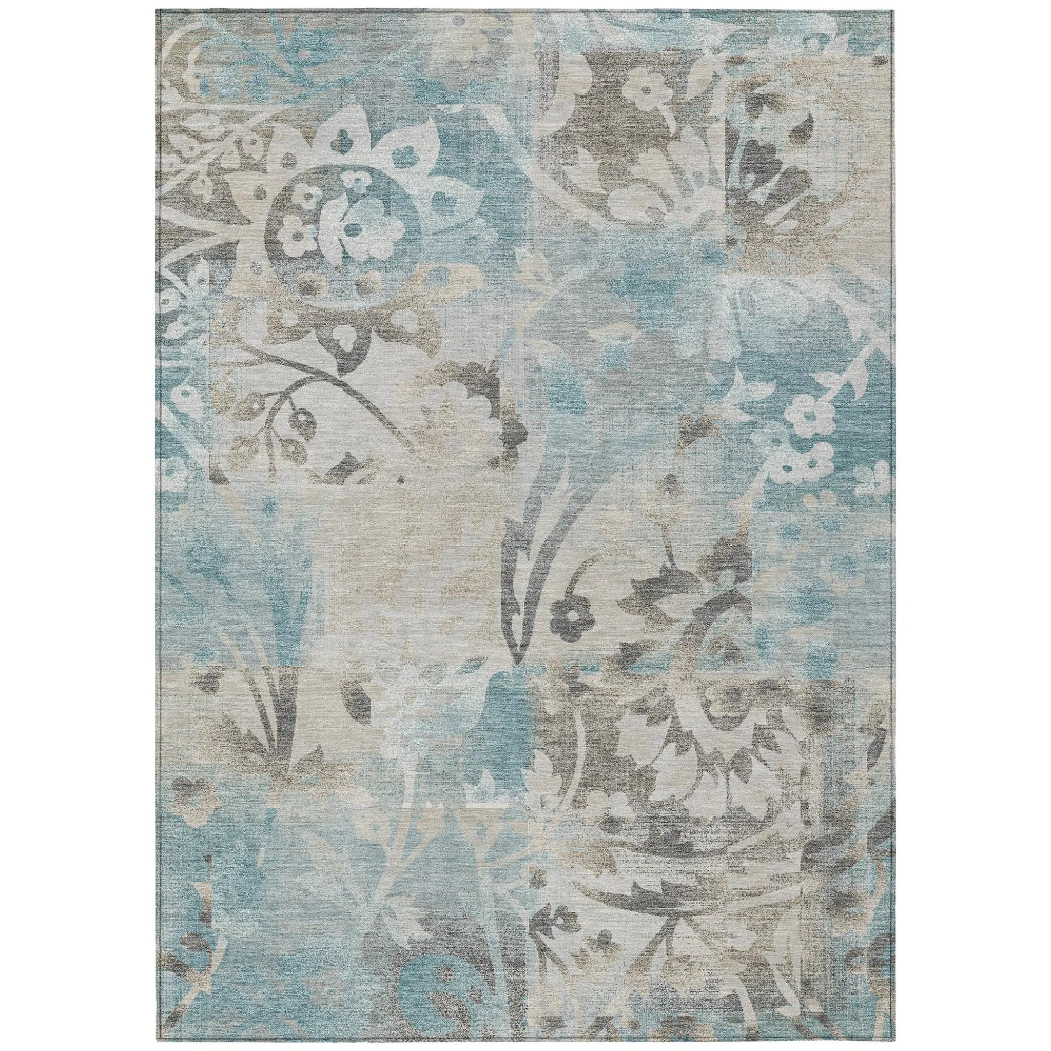 5' X 8' Teal Blue And Silver Botanical Leaves Washable Indoor Outdoor Area Rug Homeroots Outdoor