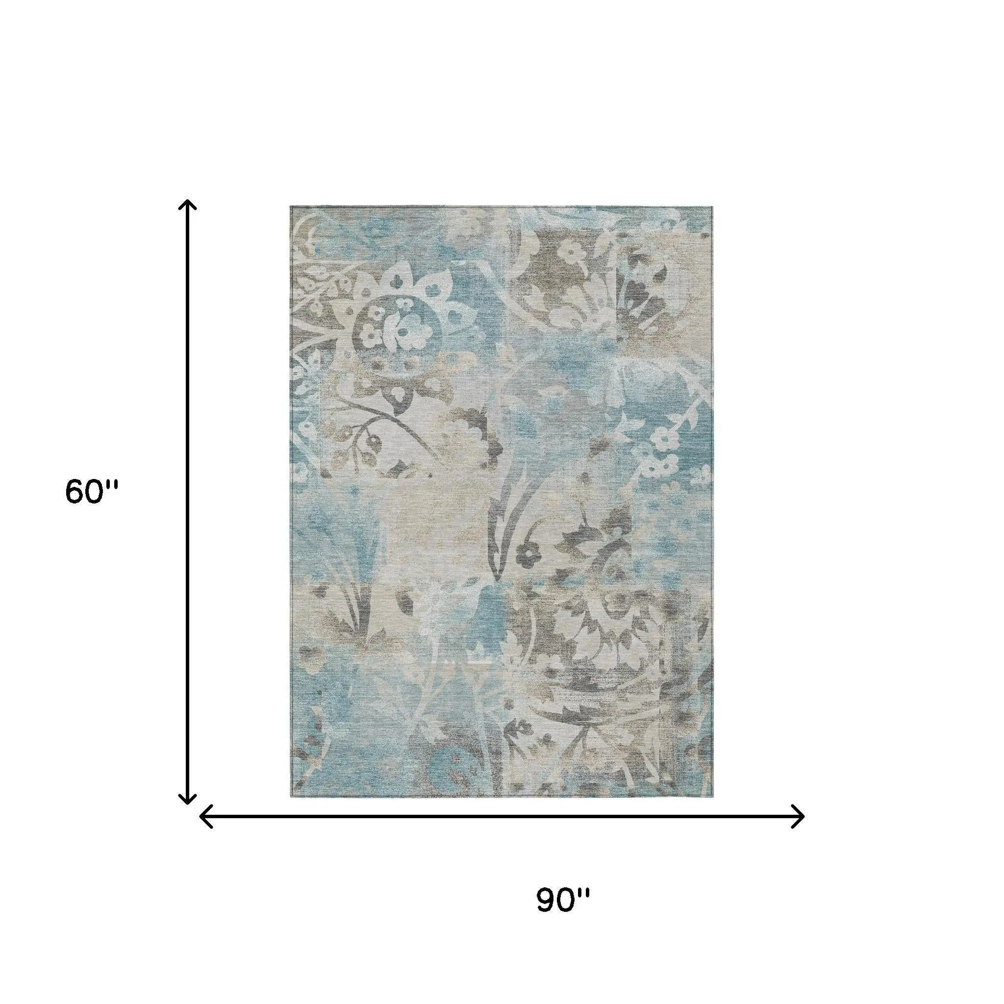 5' X 8' Teal Blue And Silver Botanical Leaves Washable Indoor Outdoor Area Rug Homeroots Outdoor