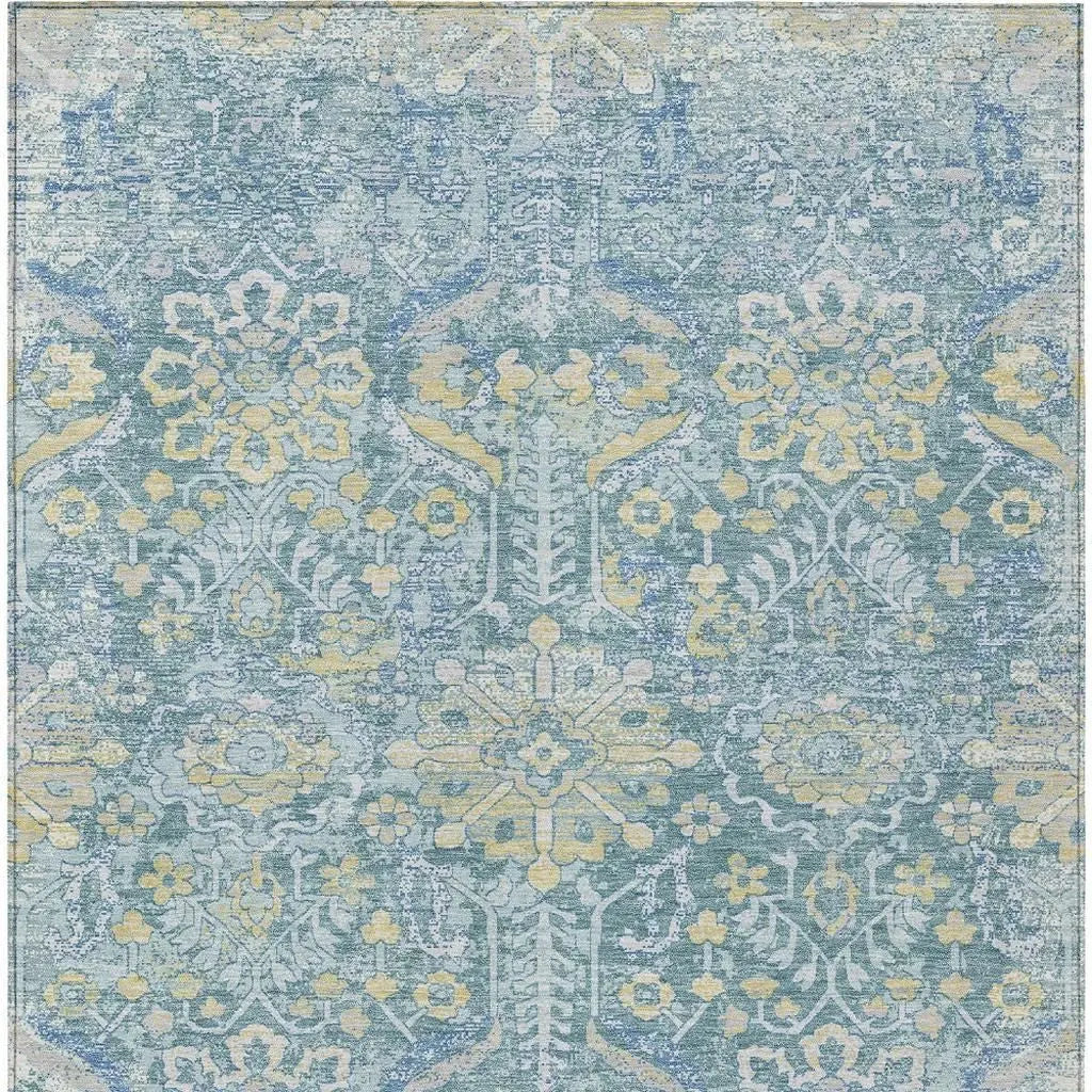 5' X 8' Teal Blue And Silver Damask Washable Indoor Outdoor Area Rug Homeroots Outdoor
