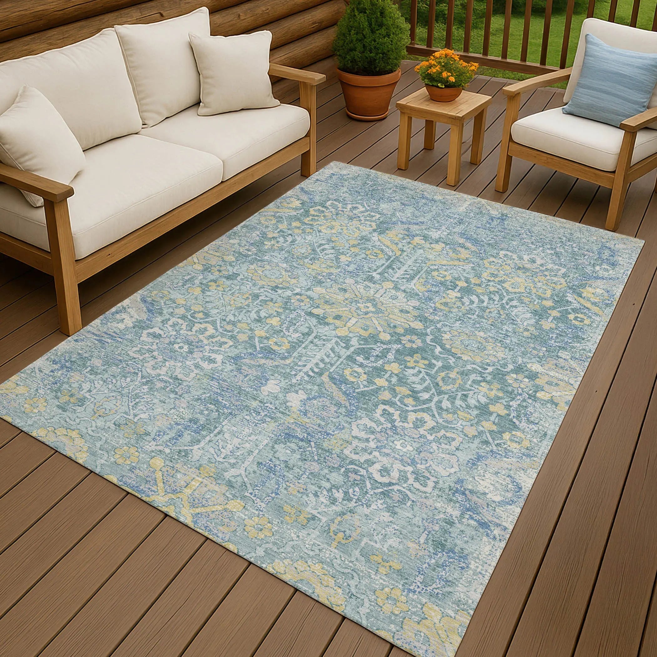 5' X 8' Teal Blue And Silver Damask Washable Indoor Outdoor Area Rug Homeroots Outdoor