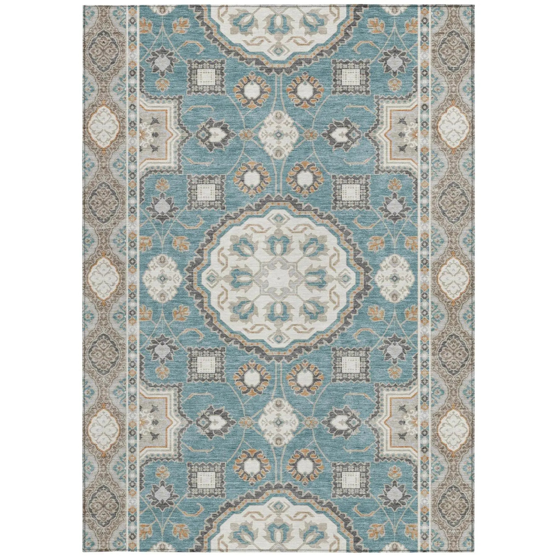 5' X 8' Teal Blue And Silver Floral Medallion Washable Indoor Outdoor Area Rug Homeroots Outdoor