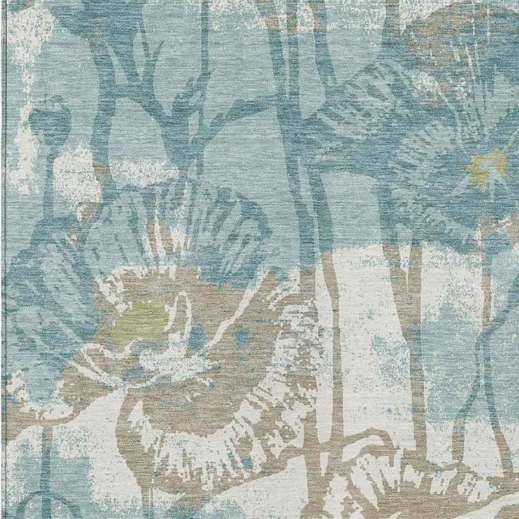 5' X 8' Teal Blue And Silver Floral Washable Indoor Outdoor Area Rug Homeroots Outdoor