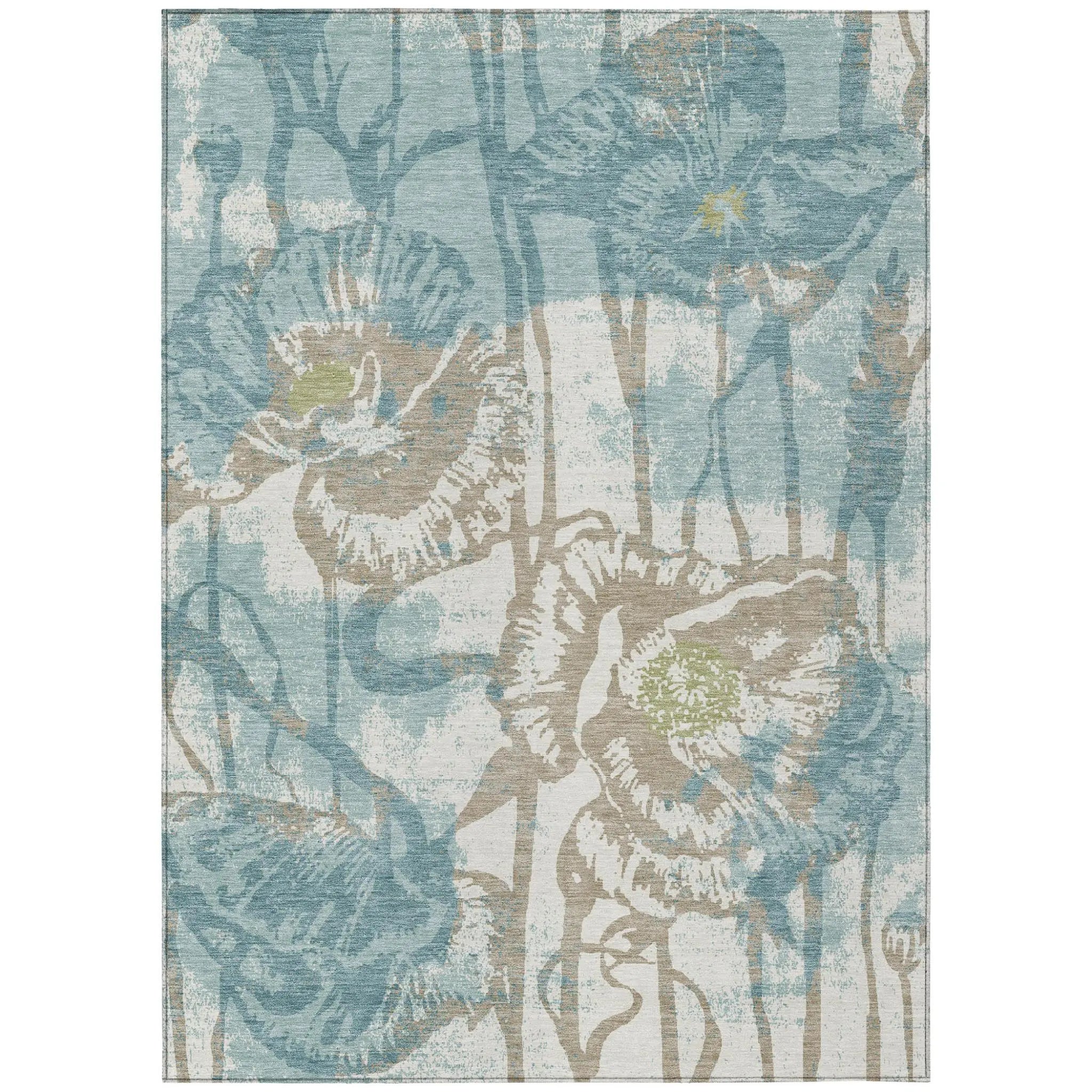 5' X 8' Teal Blue And Silver Floral Washable Indoor Outdoor Area Rug Homeroots Outdoor