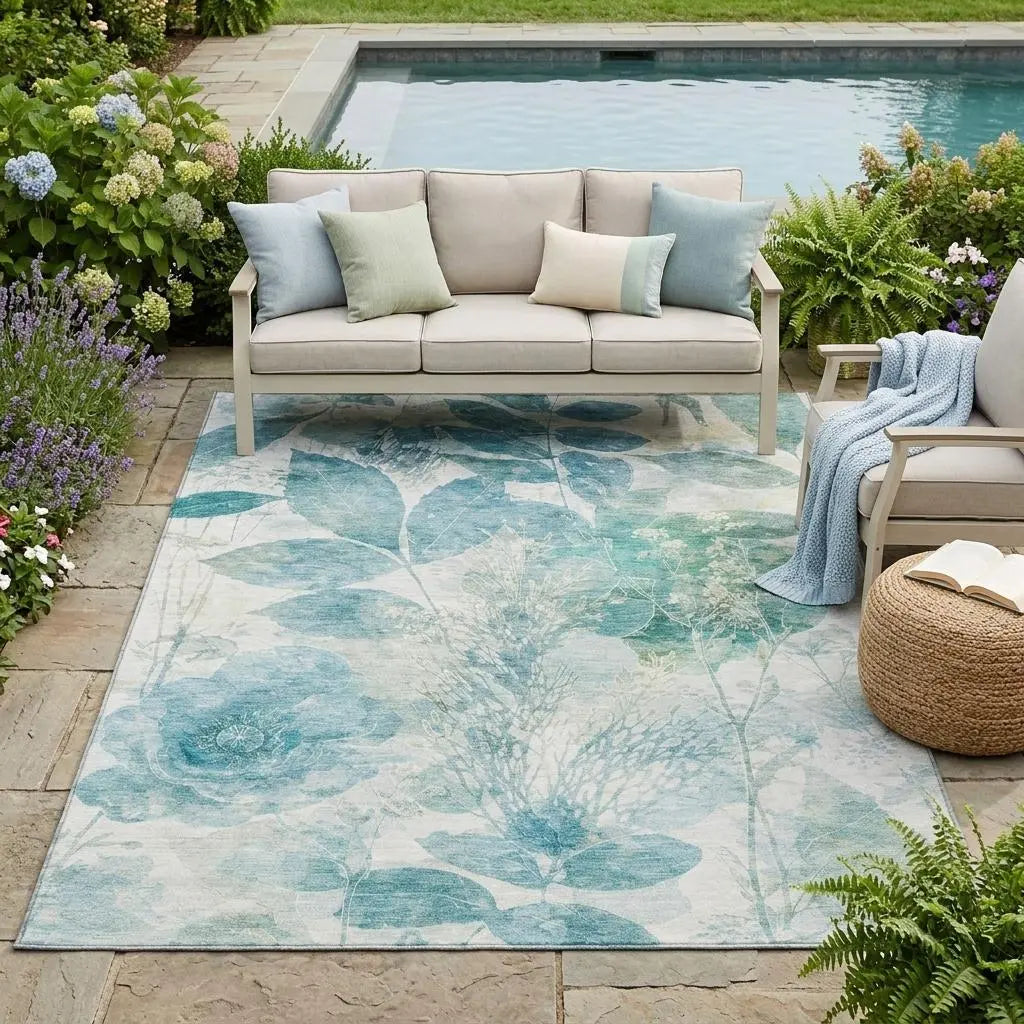 5' X 8' Teal Blue And Silver Floral Washable Indoor Outdoor Area Rug Homeroots Outdoor