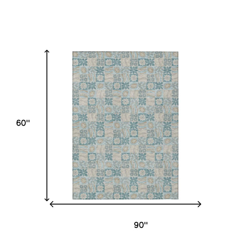 5' X 8' Teal Blue And Silver Floral Washable Indoor Outdoor Area Rug Homeroots Outdoor