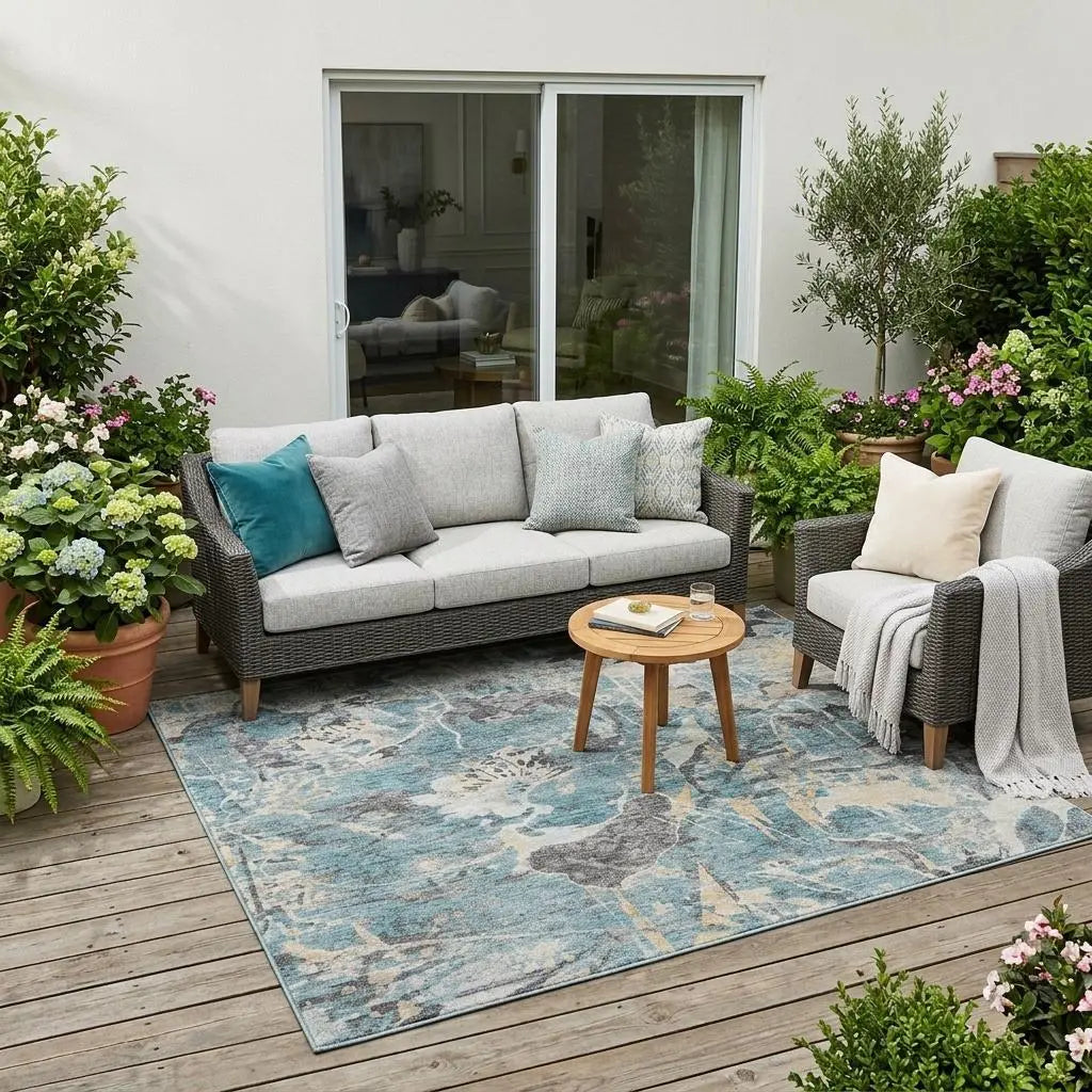 5' X 8' Teal Blue And Silver Floral Washable Indoor Outdoor Area Rug Homeroots Outdoor