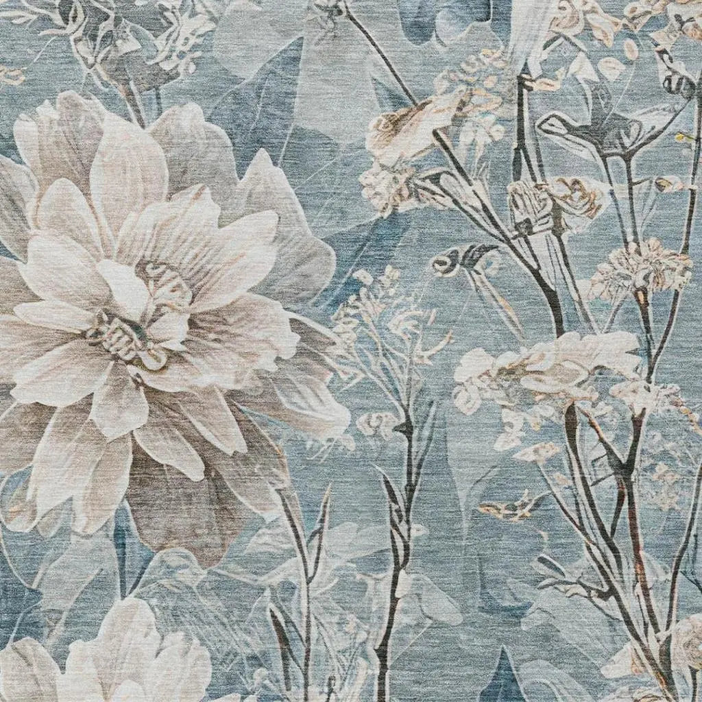 5' X 8' Teal Blue And Silver Floral Washable Indoor Outdoor Area Rug Homeroots Outdoor