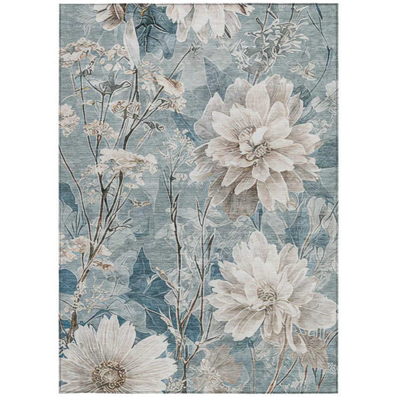 5' X 8' Teal Blue And Silver Floral Washable Indoor Outdoor Area Rug Homeroots Outdoor
