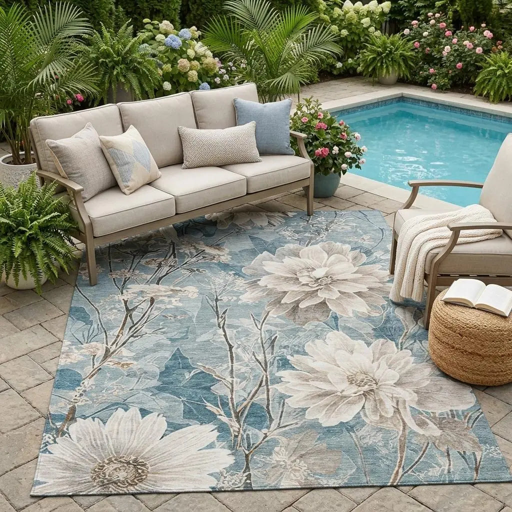 5' X 8' Teal Blue And Silver Floral Washable Indoor Outdoor Area Rug Homeroots Outdoor