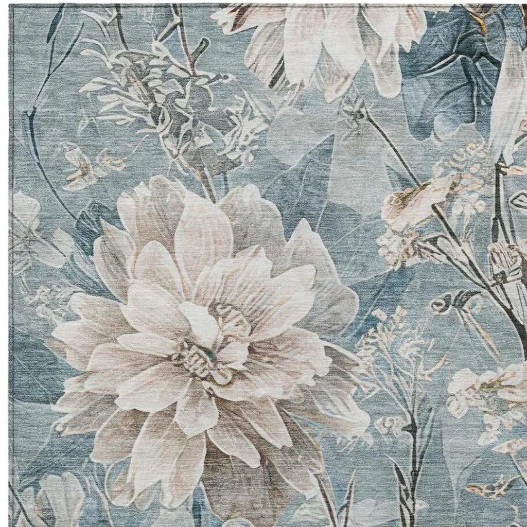 5' X 8' Teal Blue And Silver Floral Washable Indoor Outdoor Area Rug Homeroots Outdoor