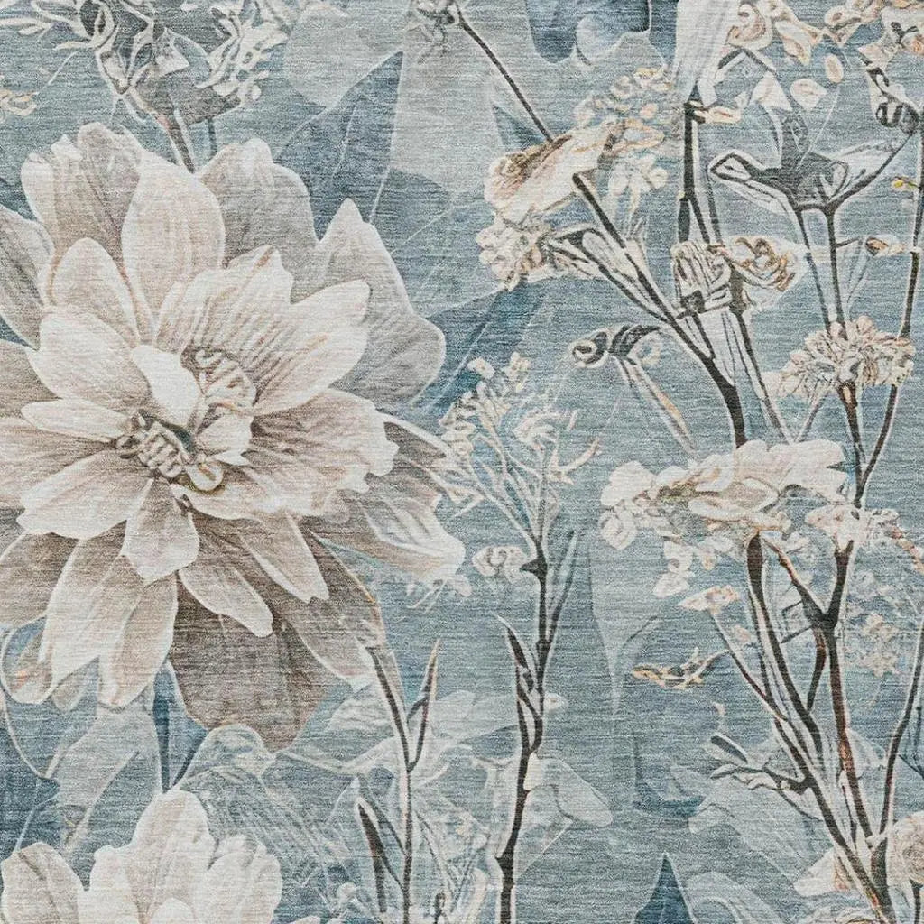 5' X 8' Teal Blue And Silver Floral Washable Indoor Outdoor Area Rug Homeroots Outdoor
