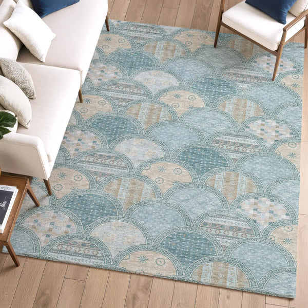 5' X 8' Teal Blue And Silver Geometric Washable Indoor Outdoor Area Rug Homeroots Outdoor