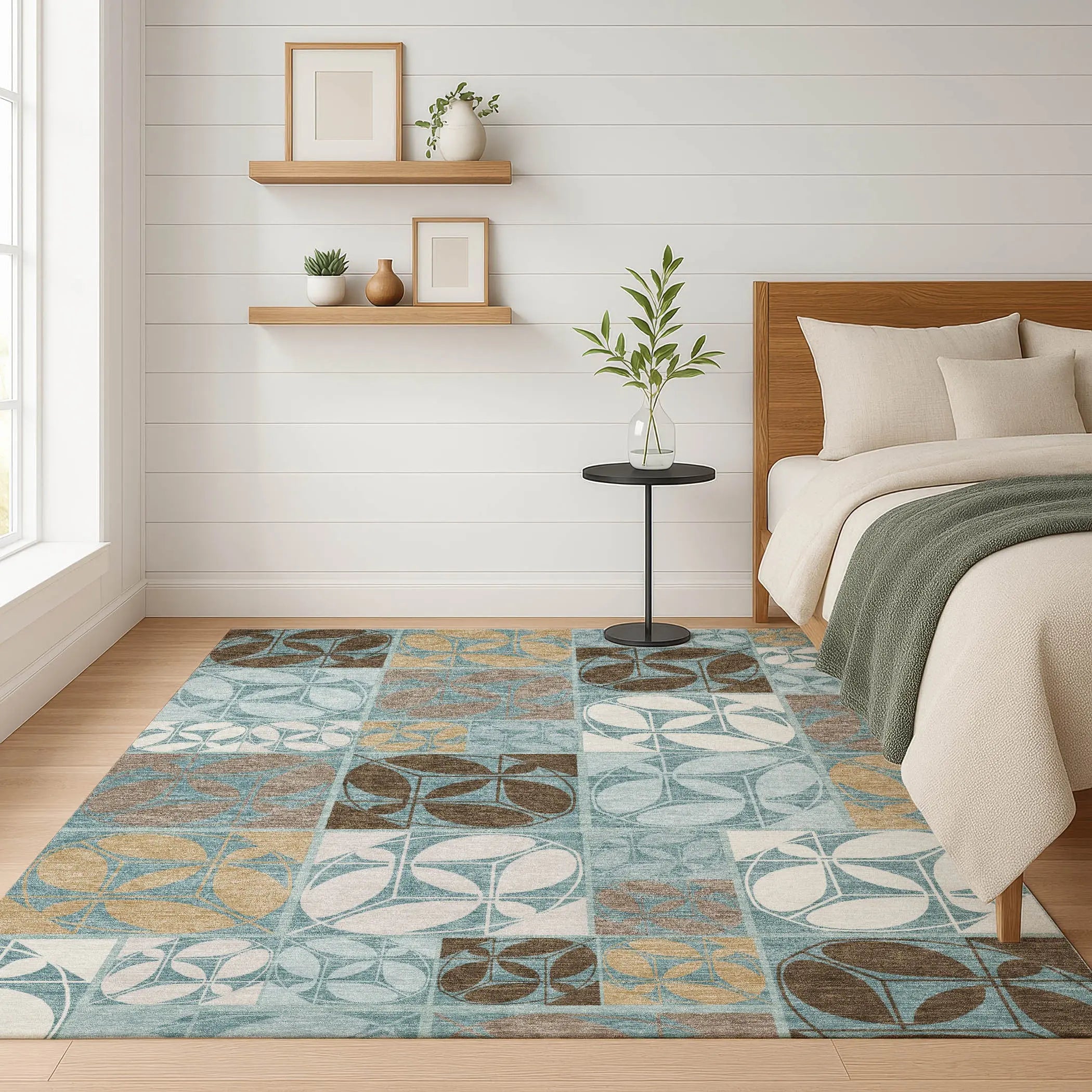 5' X 8' Teal Blue And Silver Geometric Washable Indoor Outdoor Area Rug Homeroots Outdoor