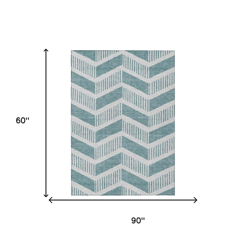 5' X 8' Teal Blue And Silver Geometric Washable Indoor Outdoor Area Rug Homeroots Outdoor