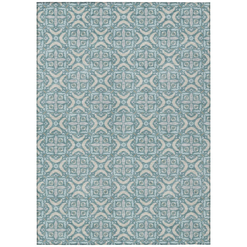 5' X 8' Teal Blue And Silver Geometric Washable Indoor Outdoor Area Rug Homeroots Outdoor