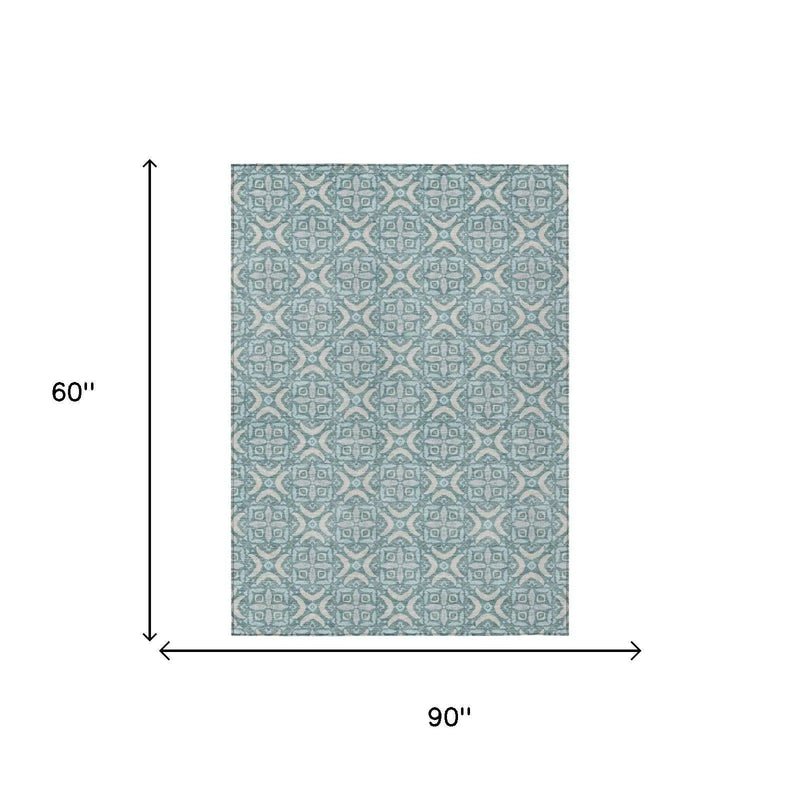 5' X 8' Teal Blue And Silver Geometric Washable Indoor Outdoor Area Rug Homeroots Outdoor