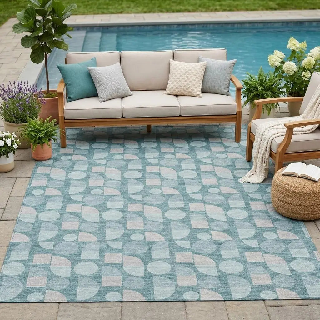 5' X 8' Teal Blue And Silver Geometric Washable Indoor Outdoor Area Rug Homeroots Outdoor