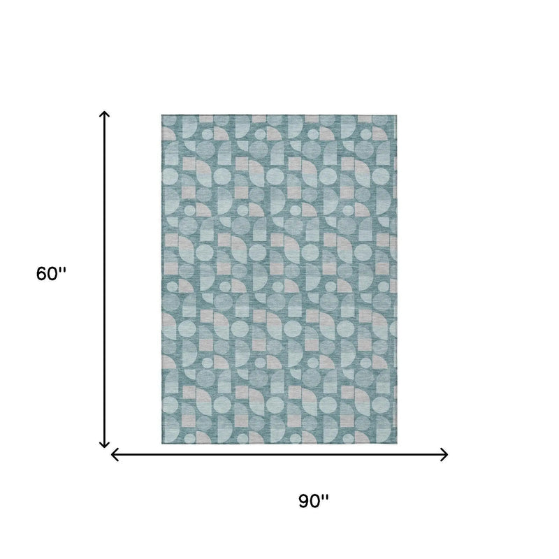 5' X 8' Teal Blue And Silver Geometric Washable Indoor Outdoor Area Rug Homeroots Outdoor