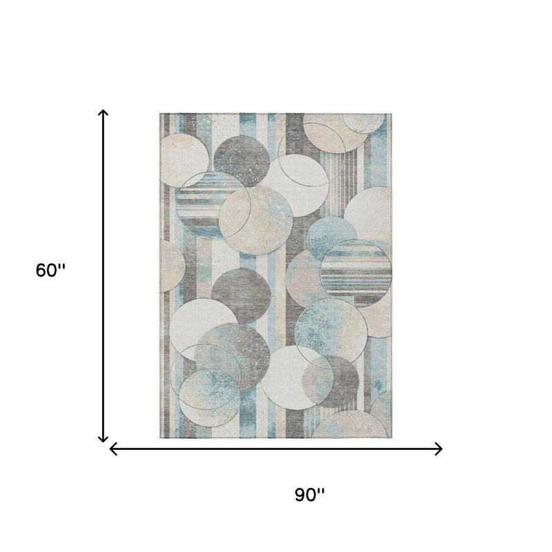 5' X 8' Teal Blue And Silver Geometric Washable Indoor Outdoor Area Rug Homeroots Outdoor