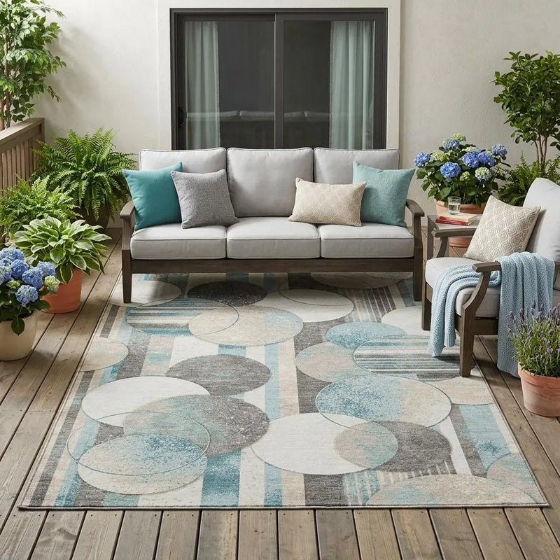 5' X 8' Teal Blue And Silver Geometric Washable Indoor Outdoor Area Rug Homeroots Outdoor