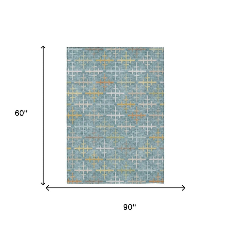 5' X 8' Teal Blue And Silver Geometric Washable Indoor Outdoor Area Rug Homeroots Outdoor