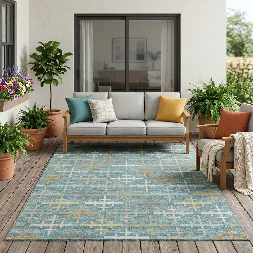 5' X 8' Teal Blue And Silver Geometric Washable Indoor Outdoor Area Rug Homeroots Outdoor