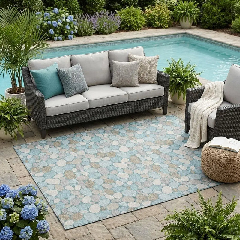 5' X 8' Teal Blue And Silver Geometric Washable Indoor Outdoor Area Rug Homeroots Outdoor