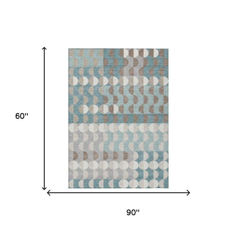 5' X 8' Teal Blue And Silver Geometric Washable Indoor Outdoor Area Rug Homeroots Outdoor