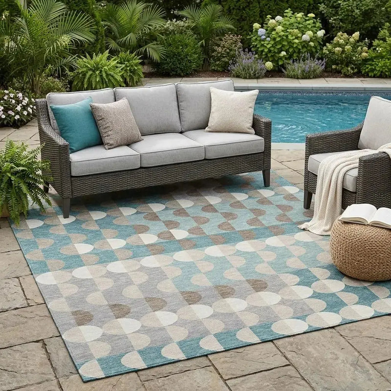 5' X 8' Teal Blue And Silver Geometric Washable Indoor Outdoor Area Rug Homeroots Outdoor