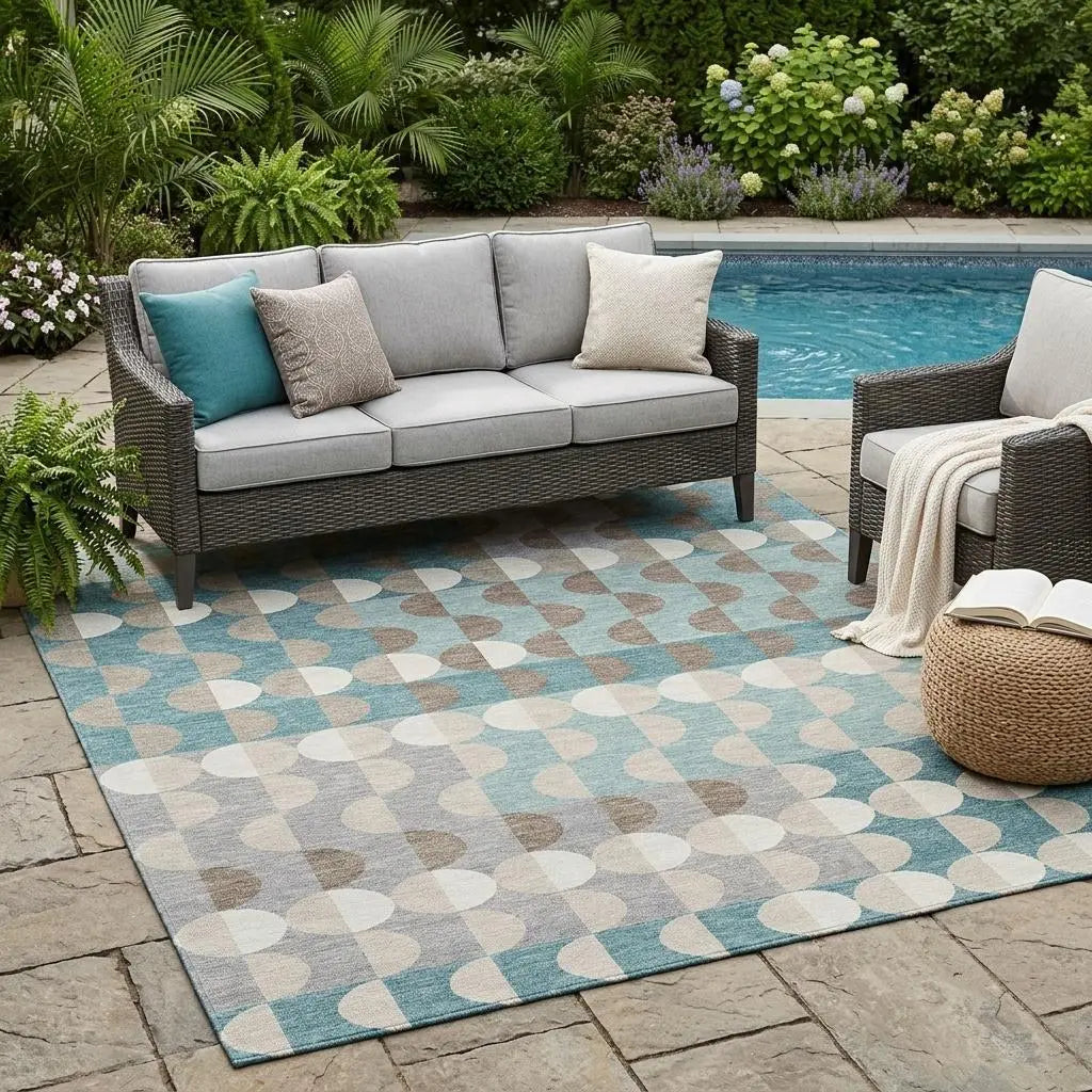 5' X 8' Teal Blue And Silver Geometric Washable Indoor Outdoor Area Rug Homeroots Outdoor