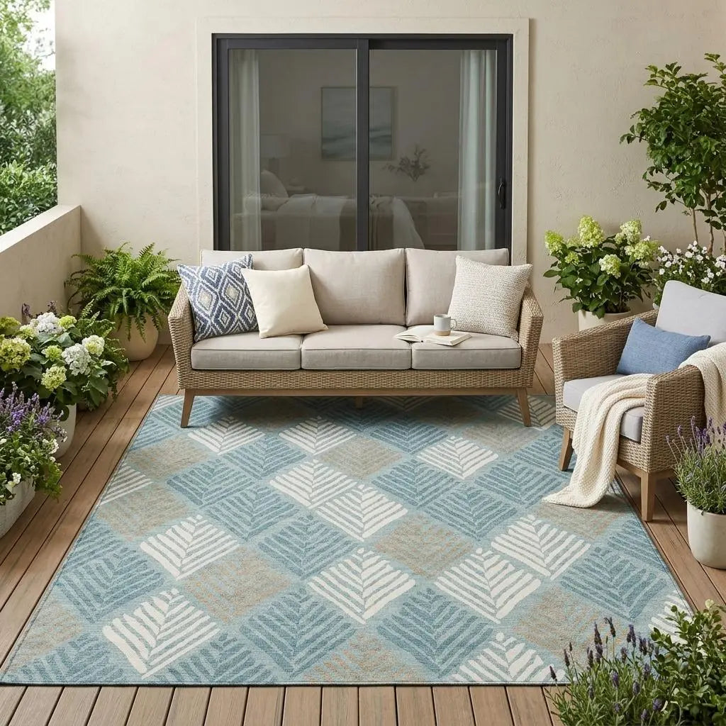 5' X 8' Teal Blue And Silver Geometric Washable Indoor Outdoor Area Rug Homeroots Outdoor